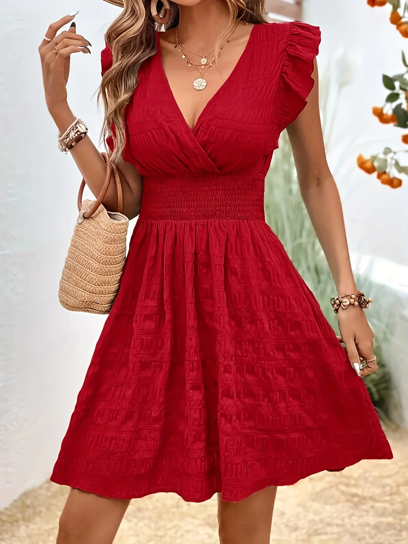 Elegantes, strukturiertes A-Linien-Kleid mit Rüschenärmeln und Taillengürtel