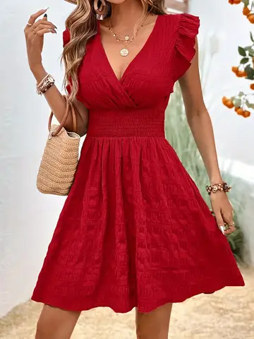Elegant Directional Textured Fabric Waist-Tied A-Line Ruffled Sleeve Dress