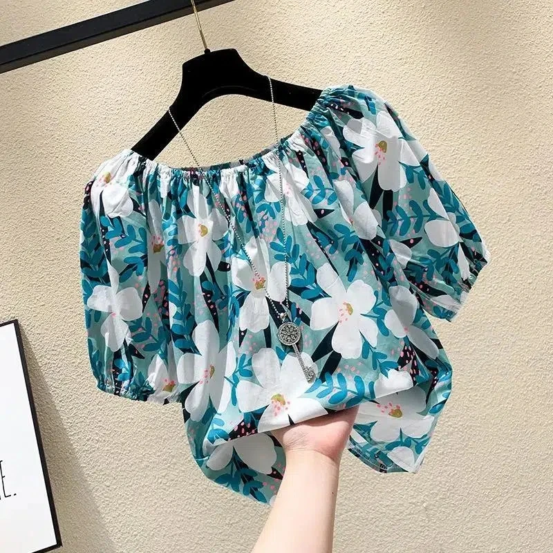 

Floral Print Chiffon Chic Bohemian Slash Neck Strapless Women's Blouse Shirt Short Sleeve Loose Pullover Blouses SummerYY112