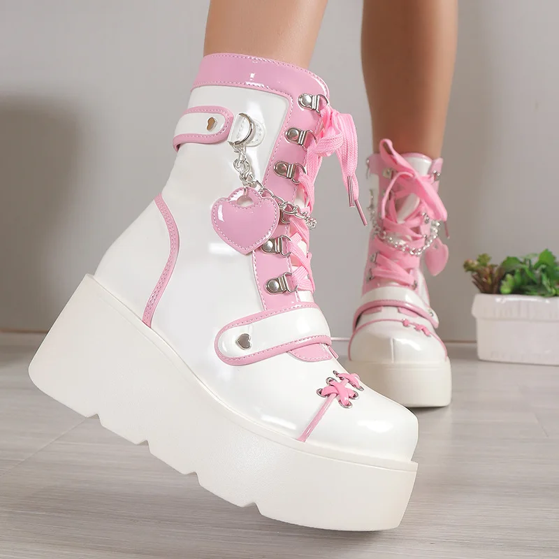 Chunky Platform Punk Short Boots Woman Fashion Buckle Cute Pink Ankle Boots Women Pu Leather Thick High Heel Motorcycle Botas