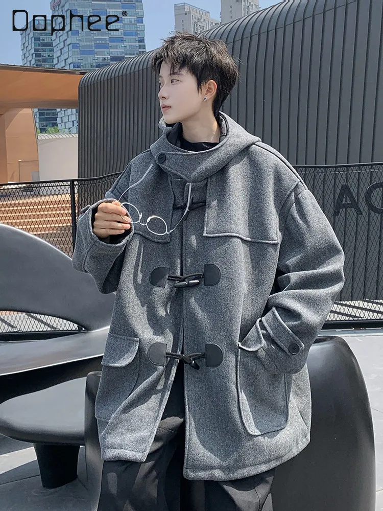 

Autumn Winter Japanese Retro Style Horn Button High-end Gray Black Woolen Hooded Jacket Men's Loose Casual Versatile Coffee Coat