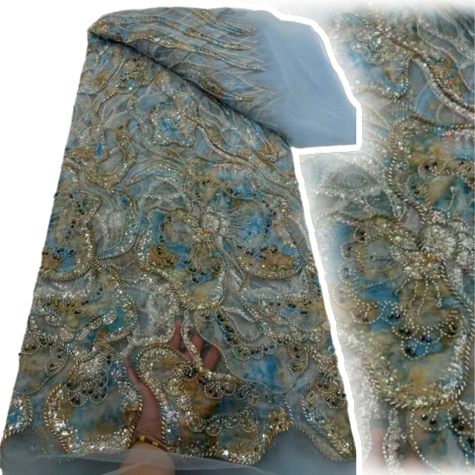 

African Beads Lace Fabrics Latest Sequin Lace Fabric 5 Yards High Quality Printed Fabric Fabric Nigerian Wedding Dress AH1664