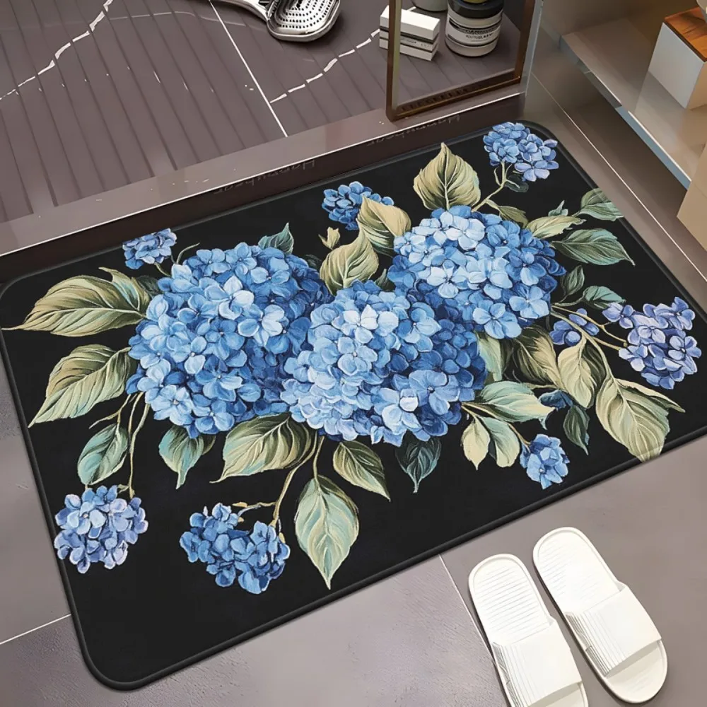 VIKAMA Blaue Hortensien-Fußmatte, Polyester-Teppich, Badezimmermatte, Vintage-Blumenmuster, perfekt für die Inneneinrichtung der Haustür.