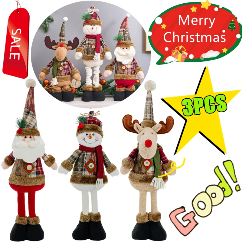 New 3/1PC Christmas Retractable Dolls Tree Decor New Year Ornament Reindeer Snowman Santa Claus Standing Doll Navidad Decor Gift