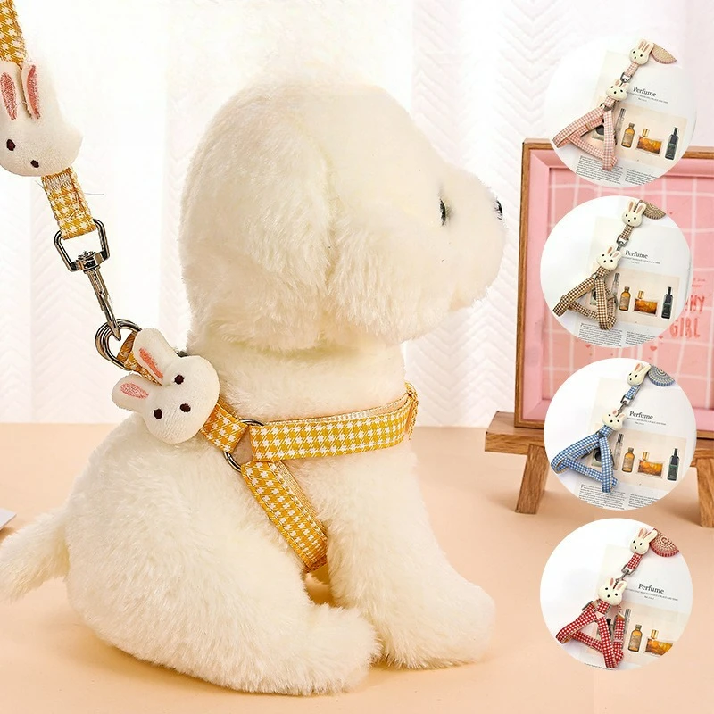 Cute Pet Dog Harness for Small Dogs Cats Adjustable Kitten Collar with Leash Set Plaid Chest Vest Leash Dog Leads Accessories
