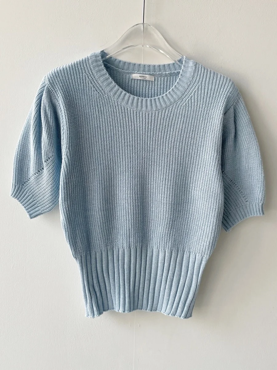 Chique verão anti-envelhecimento retrô redondo Ne Bubble Sve Top de malha de seda gelada feminino ort Sve tubo reto commute Sle Swe...