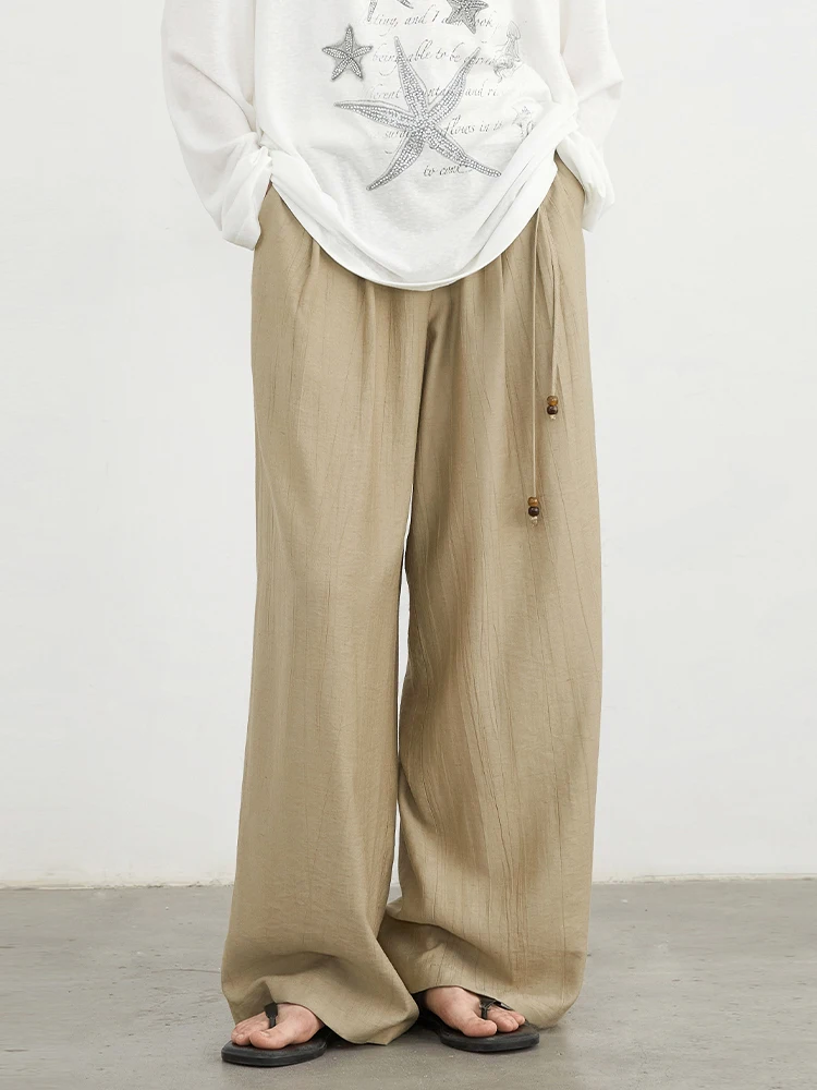 CHIC VEN Women Pants Fashion Loose Wide Leg Lace Up Pleated Casual Linen Trousers Female Clothing Spring Autumn New 2025
