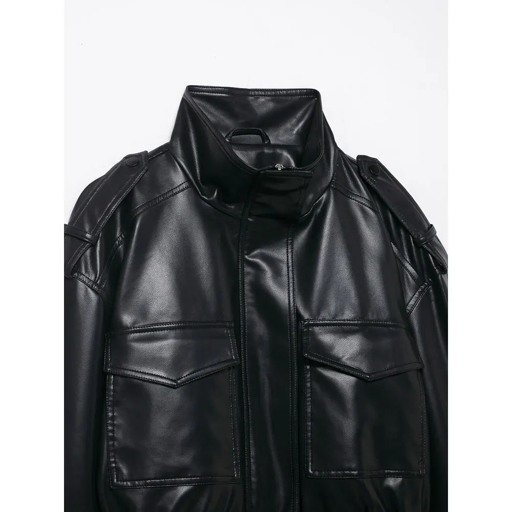 DUOPERI أزياء نسائية مع جيوب سترات سوداء من البولي يوريثان عالية الشارع برقبة عالية وأكمام طويلة معاطف نسائية أنيقة وأنيقة للسيدات