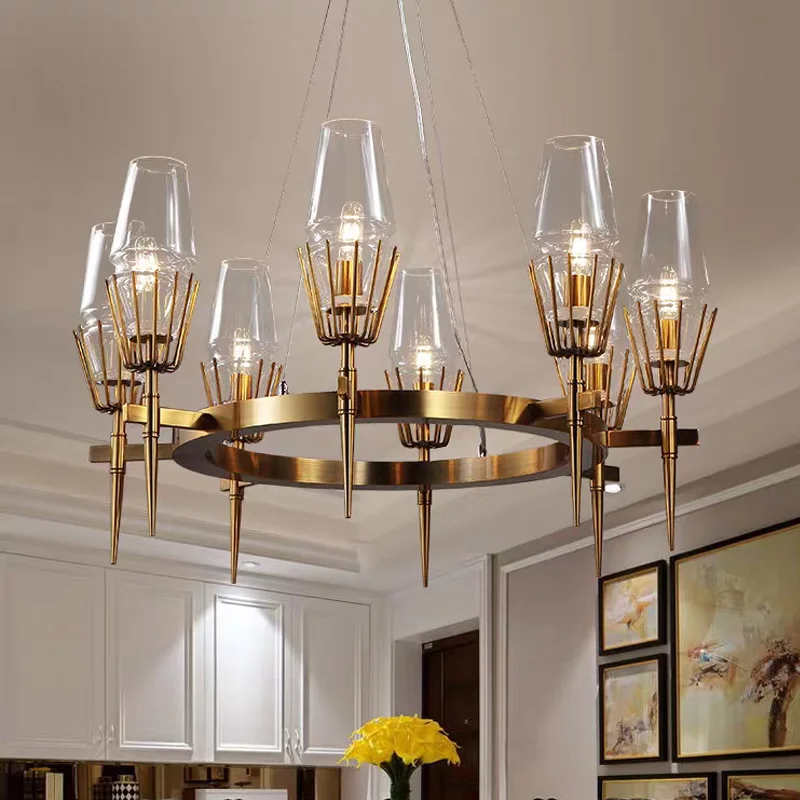 Amerikanischer goldener runder Kristall-Kronleuchter mit LED-Glanz, Deckenlampe, geeignet für Esszimmer, Küchenraumdekoration