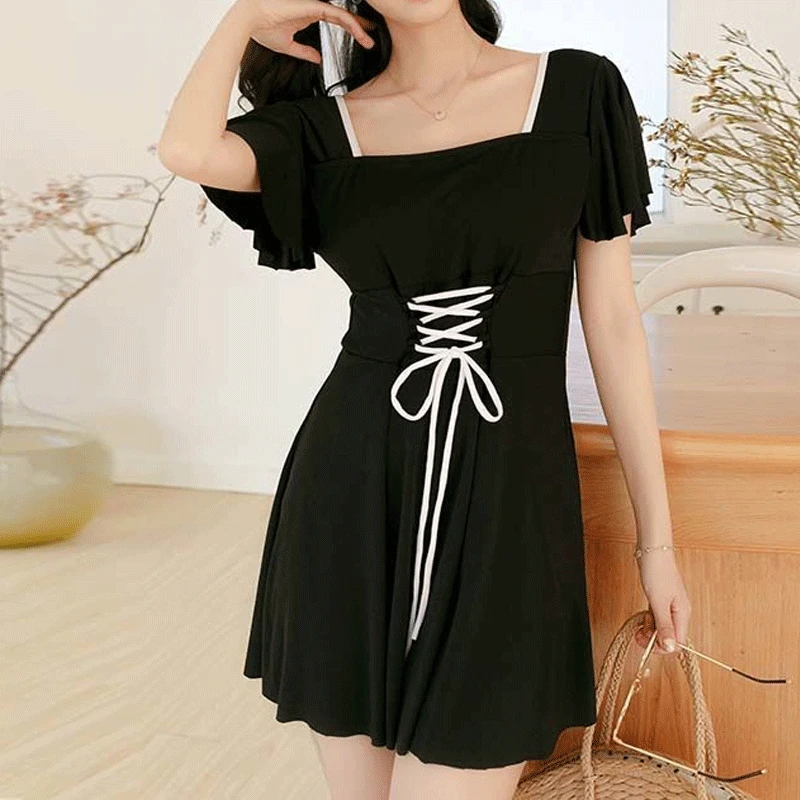 Summer One-piece Swimsuit with Shorts Conservative Skirt Solid Korean Swimsuit Women's Backless Elegant Beach Bath Clothing