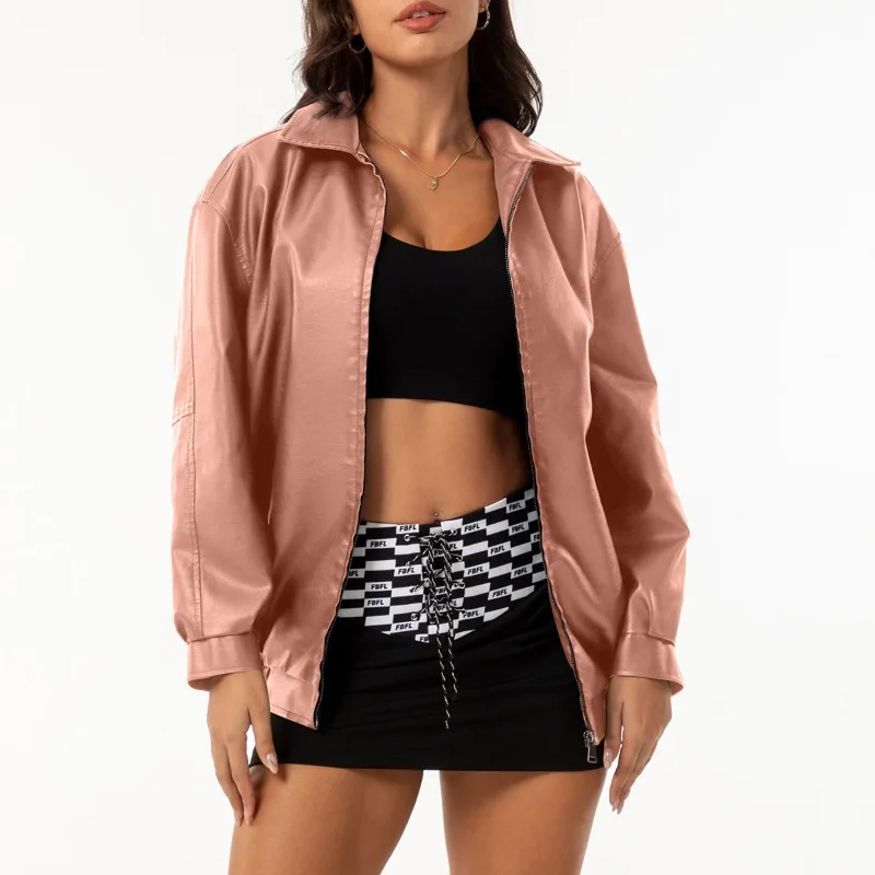 European  American Fashion Trend Loose Fitting Leather Jacket Women's Women's Jacket Long Sleeved Lapel Spring  Autumn Jacket