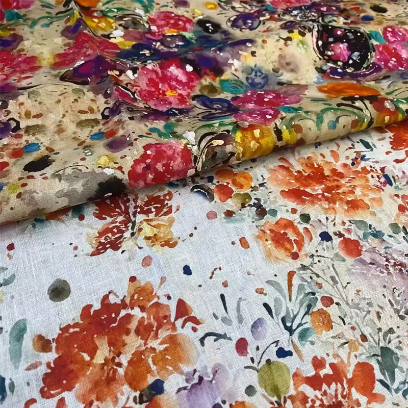 

Vacation Style Watercolor Flower Printed Natural Linen Fabric For Dress/Blouse Telas Para Costura Tissus DIY Sewing Material