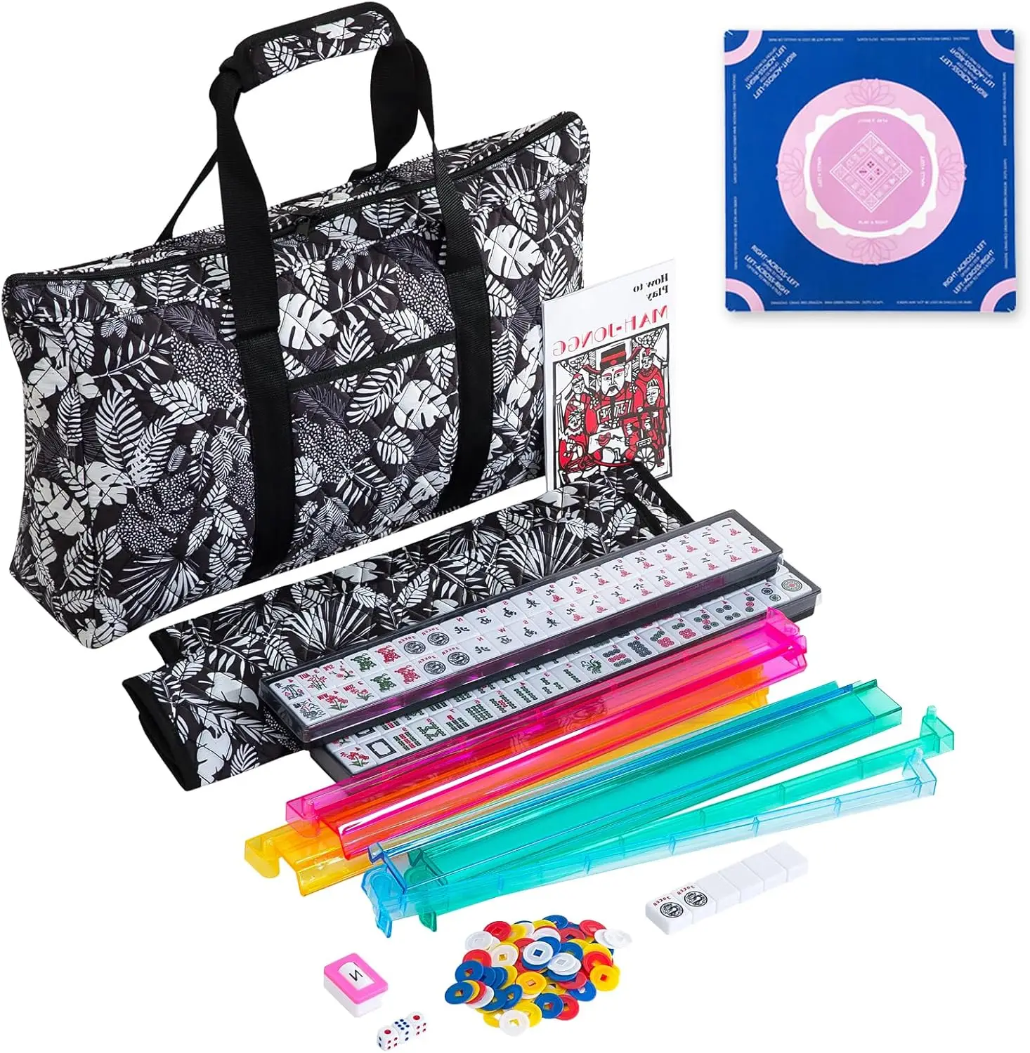 

American Mahjong Tile Set with Anti-Slip Mat - Complete Mah Jongg Game Set, 166 Premium Tiles, 4 All-in-One Racks with Pushers &