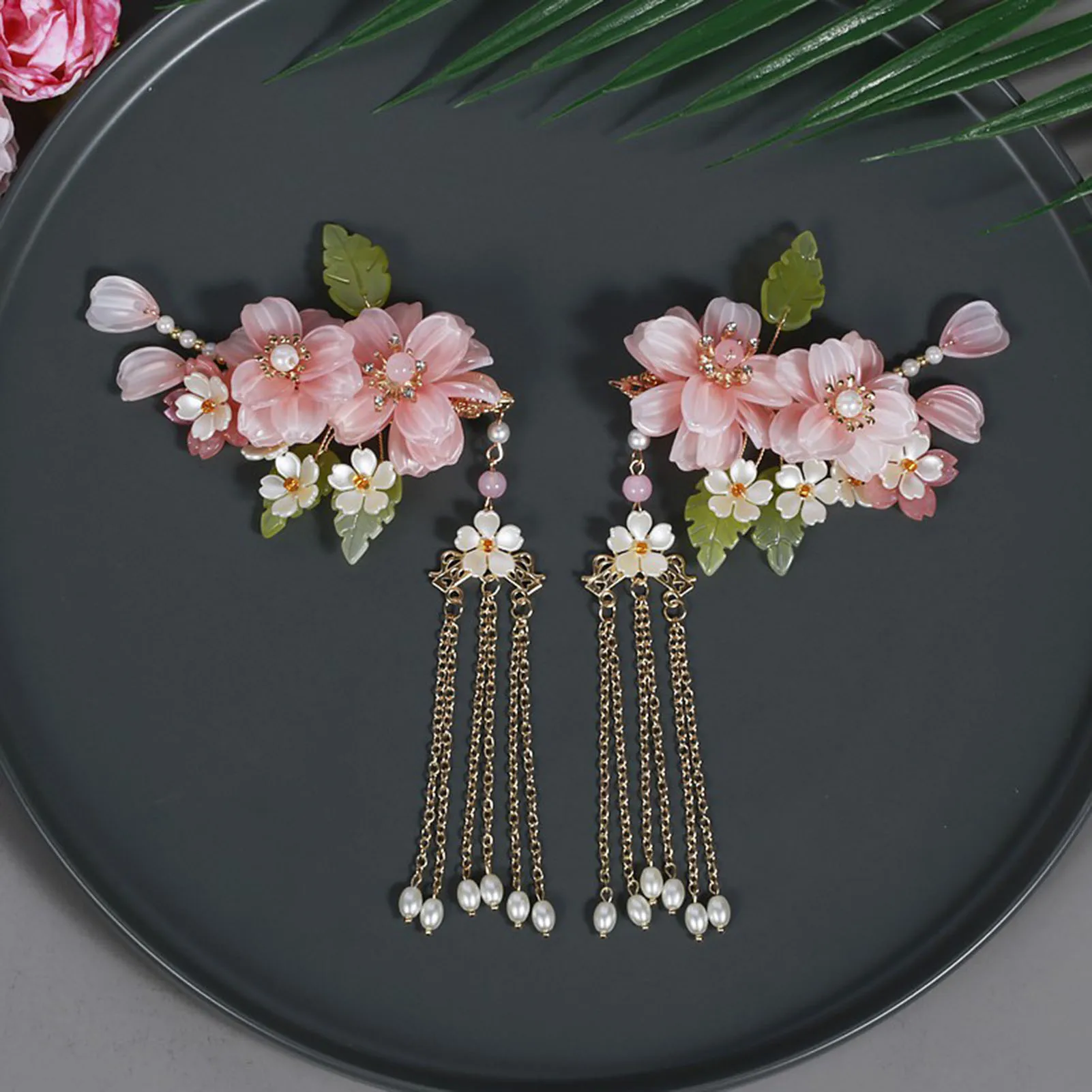 Flower Hair Jewelry Set for Women Pink and White Flower Green Leaves Headdress for Friends Girlfriend Wife Novel Gift