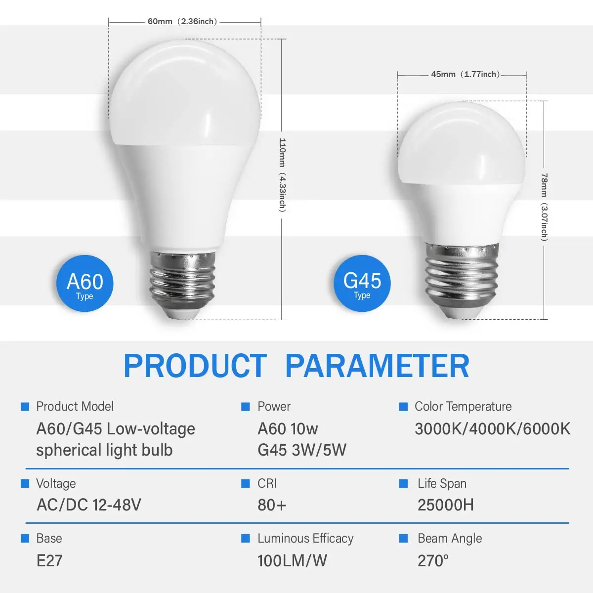 E27 Low‑Voltage LED Lamp AC DC 12‑48V(12V 24V 36V 48V), 3W 10W, 3000K‑6000K Lighting for Home RV Boat Yacht Solar System Cabin