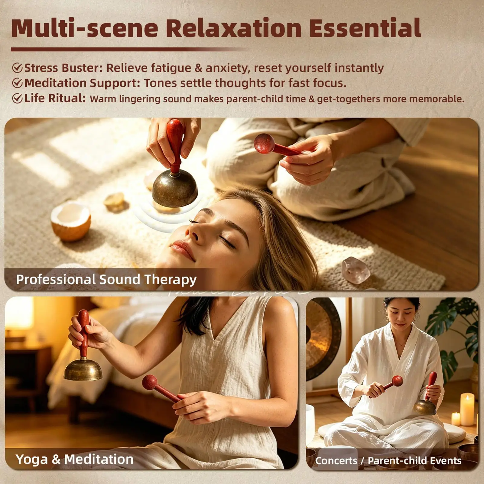 Bol chantant tibétain, instrument sonore avec marteau en bois, bols chantants pour le yoga, la relaxation, la prière, pour débutants, la pleine conscience, pour hommes et femmes