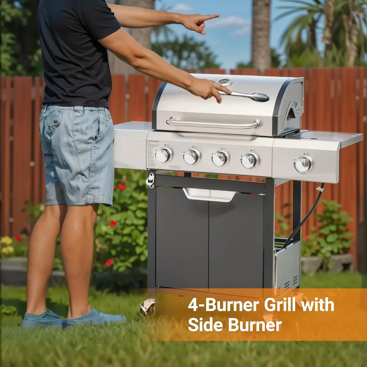 Propane Grill 4 Burner Barbecue Grill Stainless Steel Gas Grill with Side Burner and Cover for Outdoor BBQ Camping