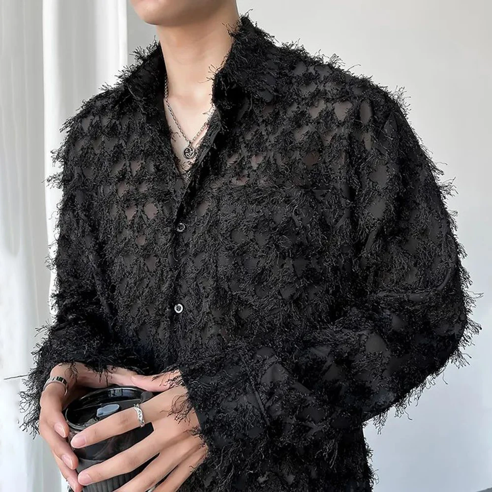 

Men's Autumn Tassel Feather See-Through Sexy Shirt 2023 New Trendy Nightclub Style Loose Lapel Long-Sleeved Simple Solid Shirt