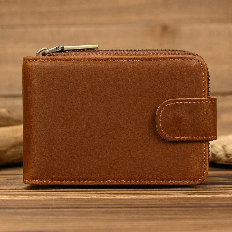 Genuine Leather Short Wallet ID Card Holder Zipper Wallet Simple Large Capacity 2-fold Zipper Card Holder Cowhide