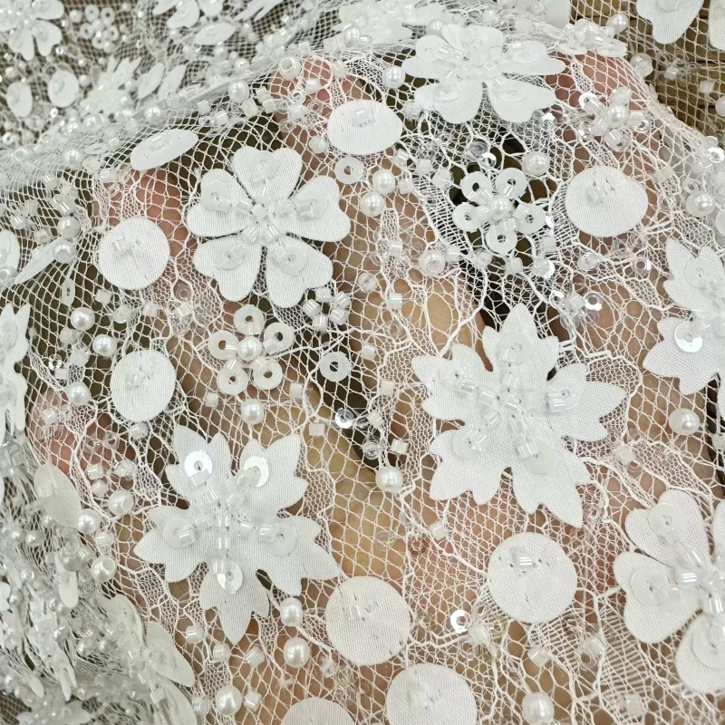Porcelain White Laser Cut Floral Applique Lace Fabric for High End Wedding Dress Sewing Trim