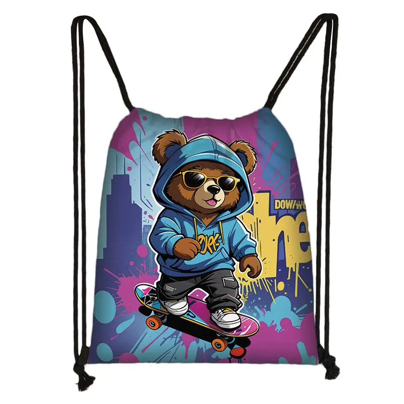 Kawaii Graffiti Bear Print Drawstring Bag Men Fashion Storage Bags Teenager Boys Girls Hip Hop Backpack Travel Bookbag Gift