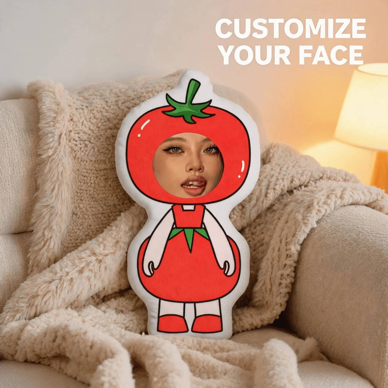 Custom Photo Tomato Costume Shaped Pillow, Personalized Face Decorative Cushion, Funny Red Character Home Decor for Sofa & Bedro