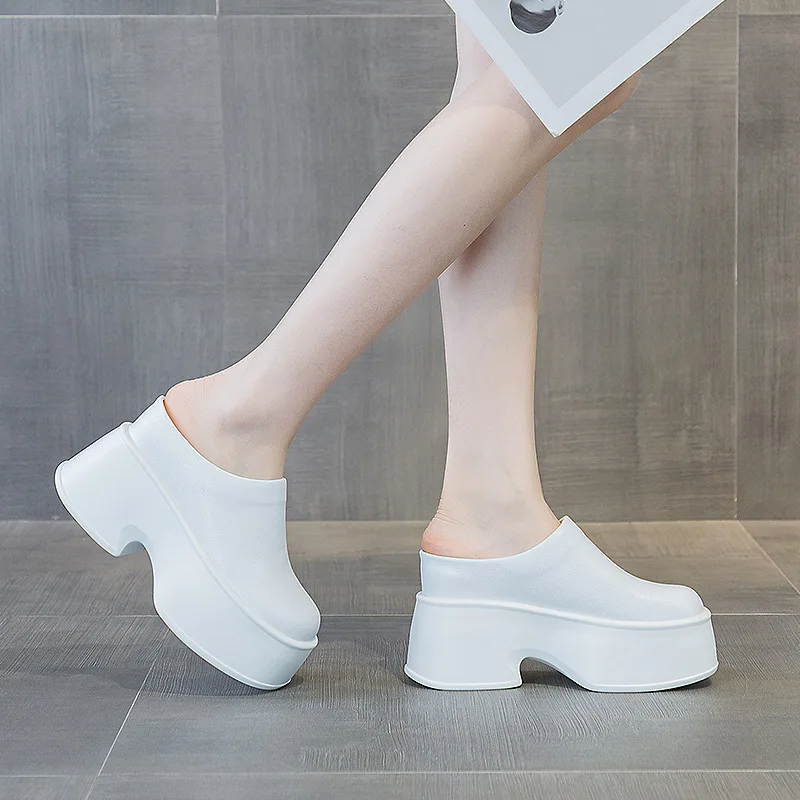 Genuine Leather Open Back Mule Sandals Women Summer Platform Shoes 11cm Height Increase Square Toe view 3