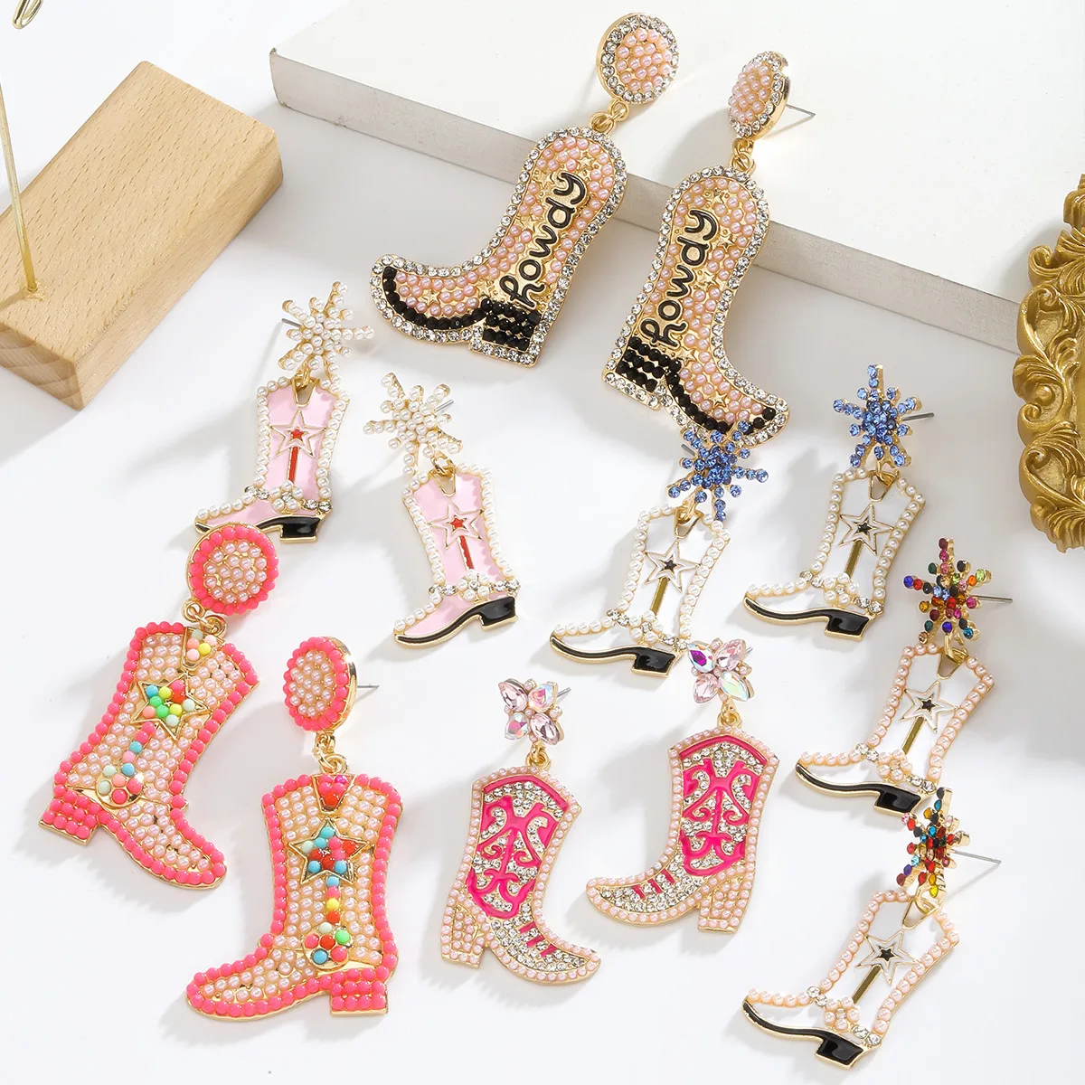 Vedawas Bohemian Rhinestone Beaded Boots Cowboy Hat earrings,Western Style Holiday Party Women Accessories