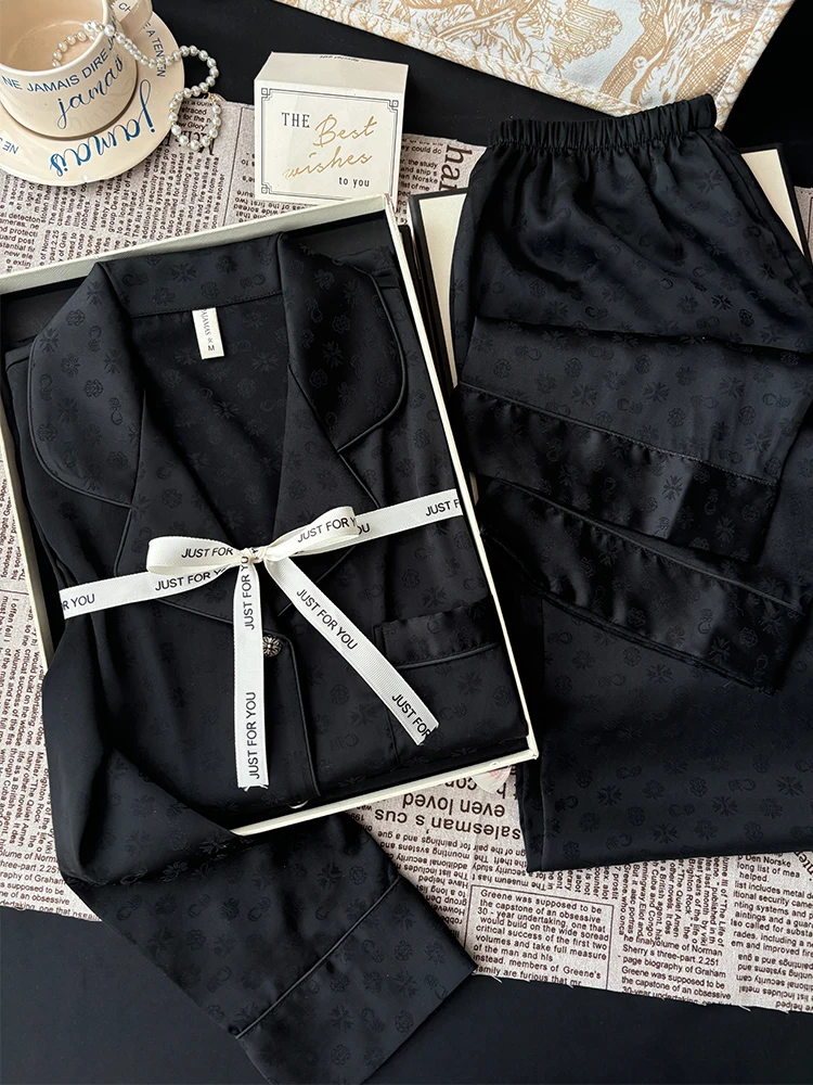 2025 Autumn New Dark Pattern Jacquard Ice Silk Long-sleeved Pajama Set Casual Comfortable Skin-friendly Outdoor Loungewear Women