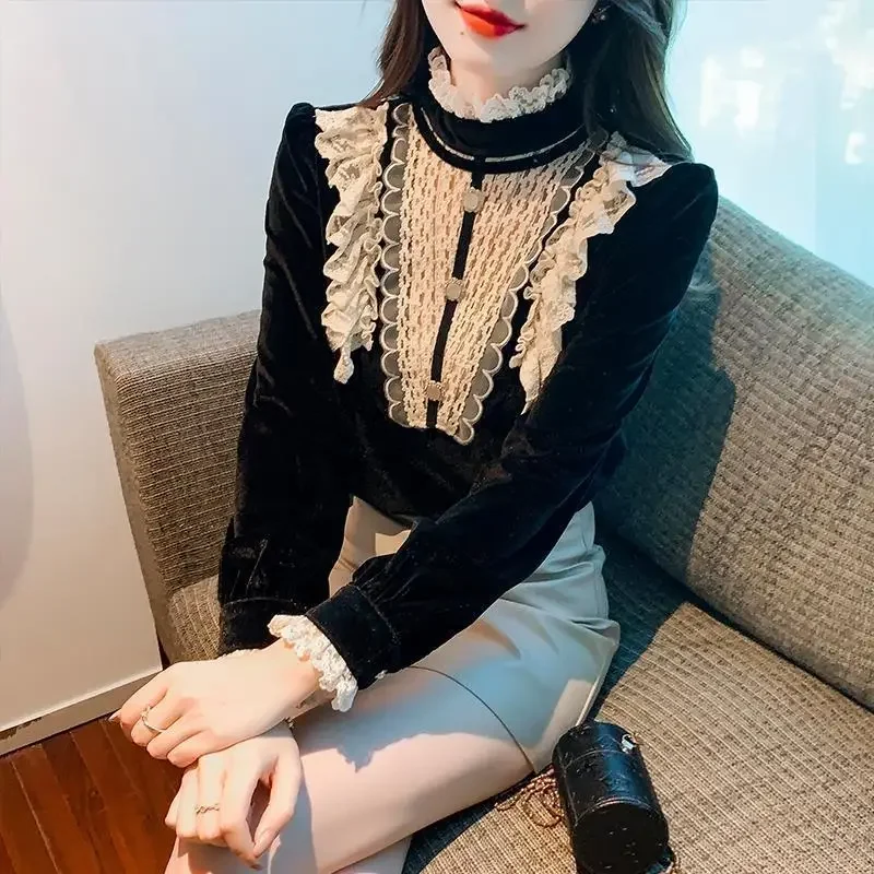 

Vintage Long Sleeve Lace Patchwork Blouse Women's Clothing Fashion Korean Stand Collar Thickening Shirt for Female E201