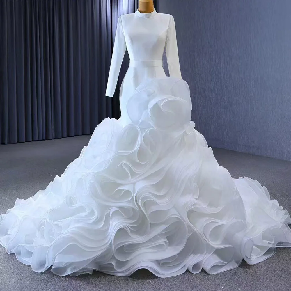 Customized Wedding Dresses Turtle Long Sleeves Lace Up Back Ruffles Trouwjurk