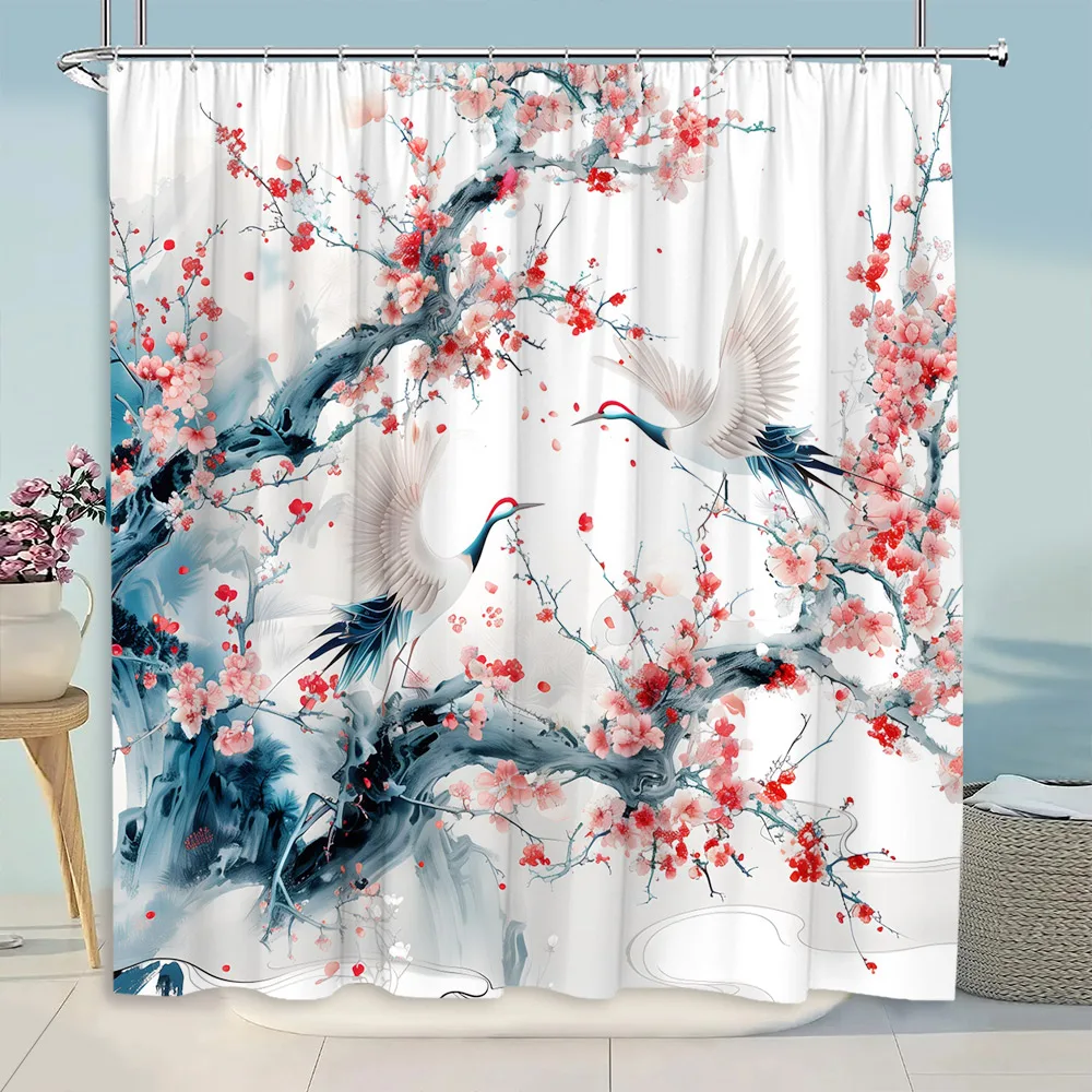 Japanese Shower Curtain Scenery Cherry Blossom Mountain Crane Asian Traditional Ink Painting Home Fabric Bathroom Decor Curtains