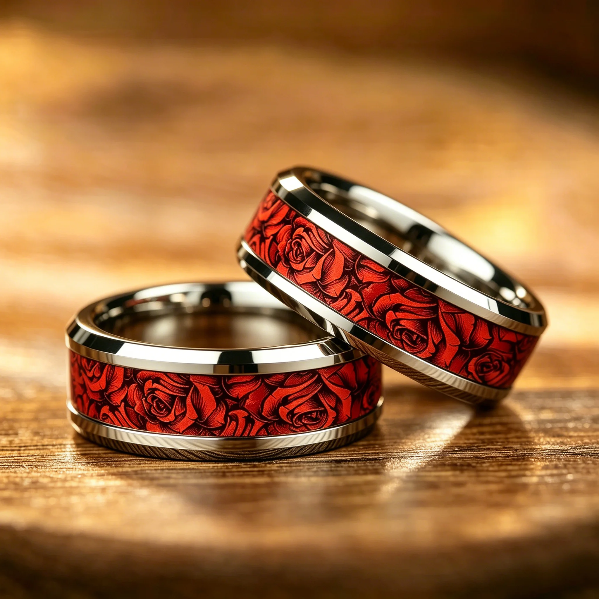 Vintage Red Rose Flower Inlaid Stainless Steel Ring High Polished Bevel Edge Wedding Band Retro Romantic Love Jewelry Gift