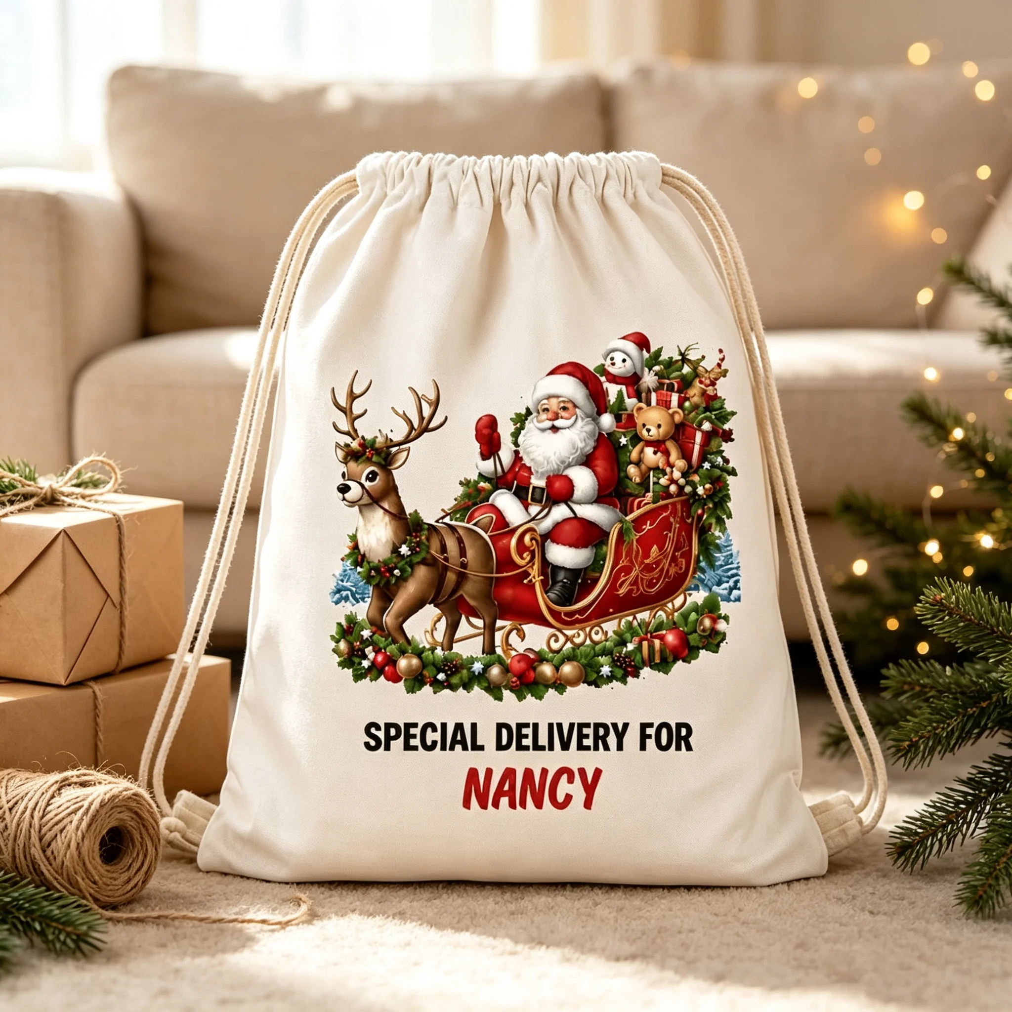 Custom Name Christmas Santa Sleigh Drawstring Bag Personalized Special Delivery Gift Sack Holiday Xmas Present Storage Pouch