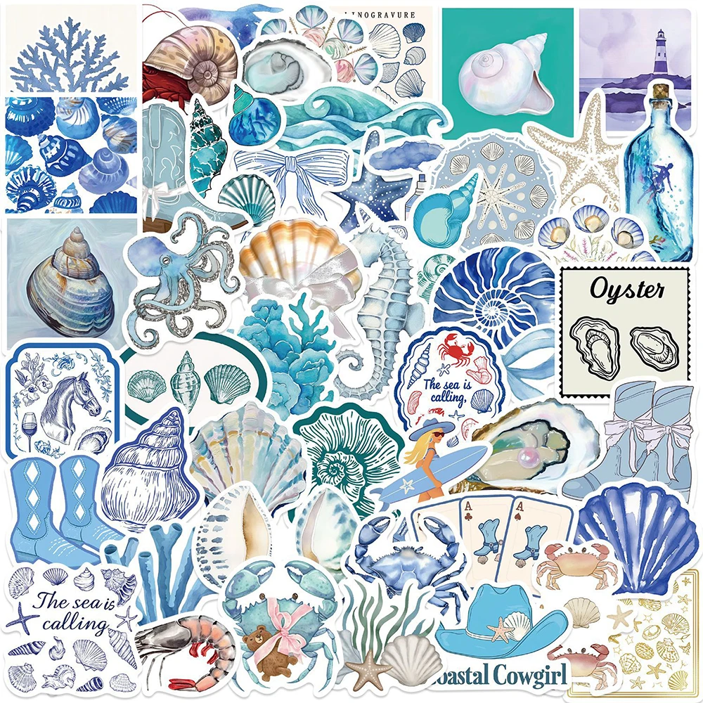 

10/30/50pcs Vintage Mediterranean Life Stickers Blue Ocean Animal Cartoon Decals Suitcase Luggage Phone Cute Decoration Sticker