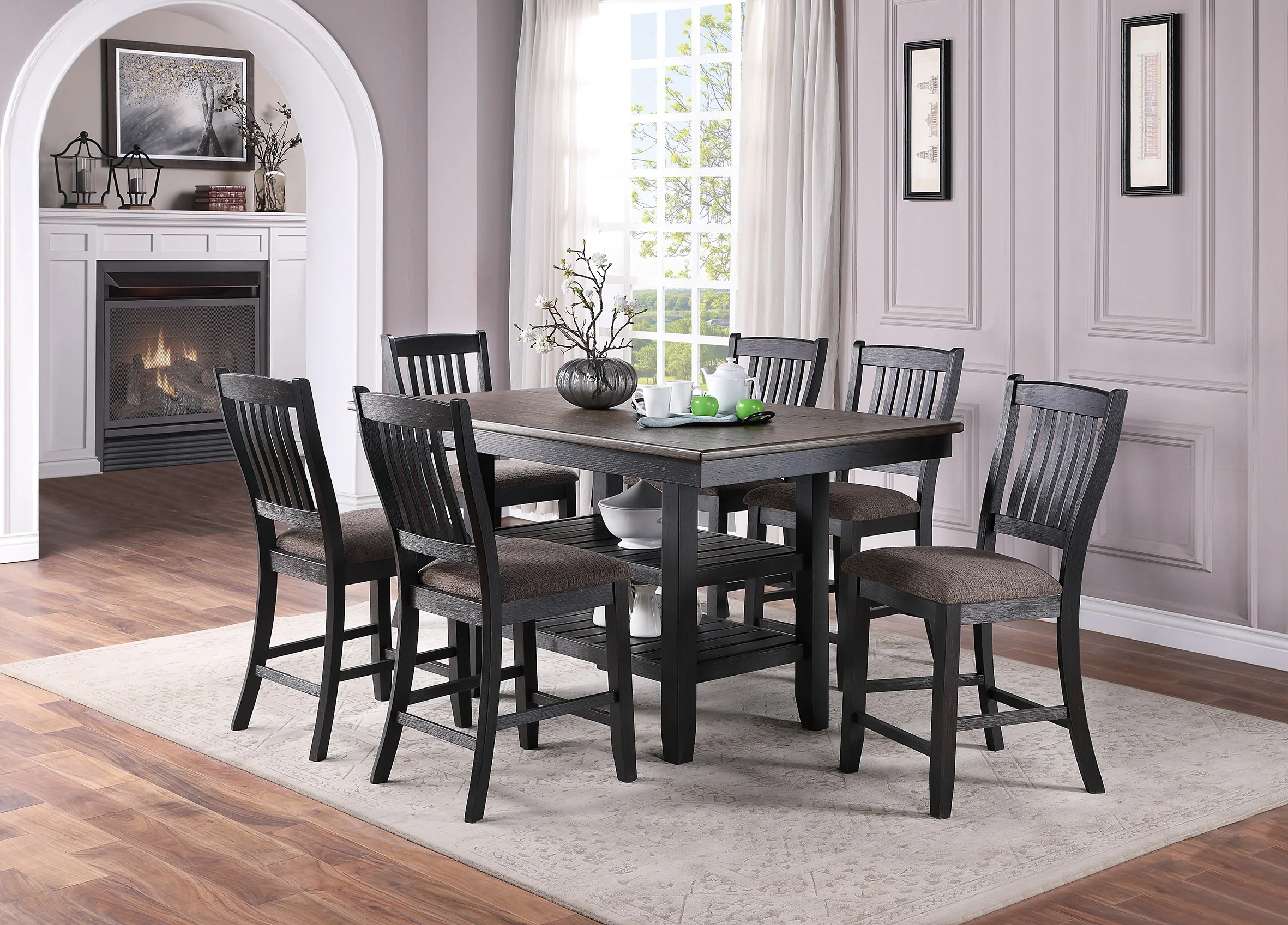 

Transitional Dining Room 7pc Set Dark Coffee Rubberwood Counter Height Dining Table w 2x Shelfs and 6x High Chairs Fabric Uphols