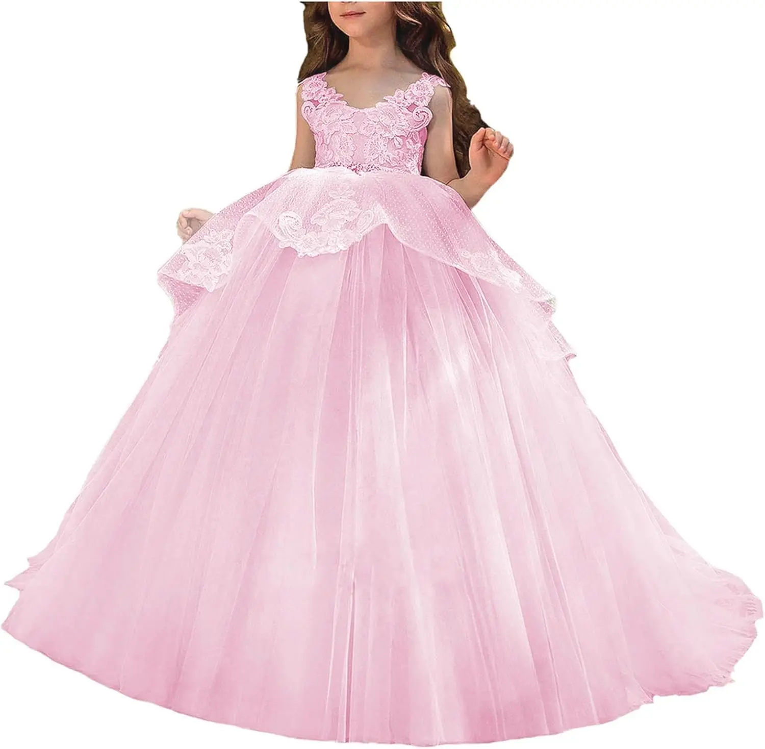 

Tulle Flower Girl Dress Appliques Princess Puffy Tulle Skirt Gowns Sleeveless Kids Pageant Dresses Ball Gowns