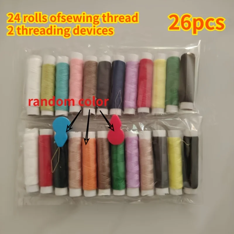 26-teiliges Nähgarn-Set in zufälliger Farbe, 24 Spulen + 2 Einfädler, 1800 cm/Rolle, Nähzubehör aus Polyester