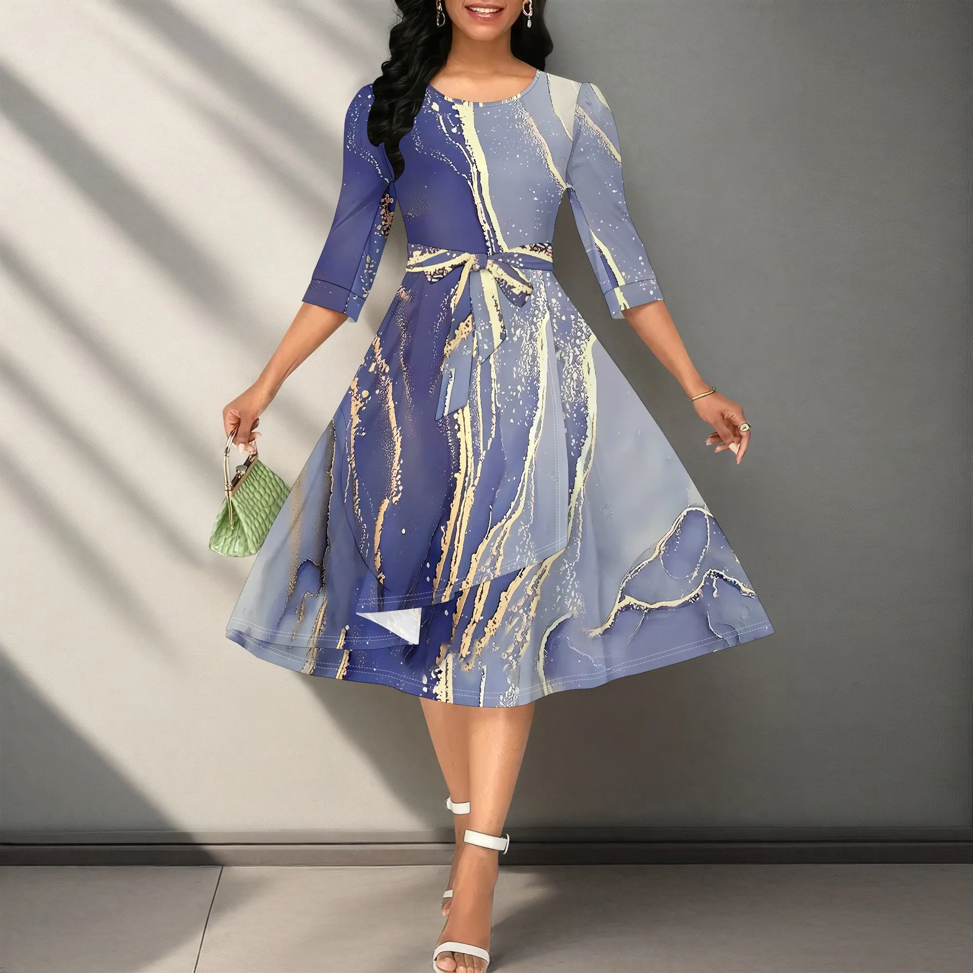 

Women's Spring And Summer Dress, 3D Fashionable Printed Retro Style Seven Quarter Sleeve Dress