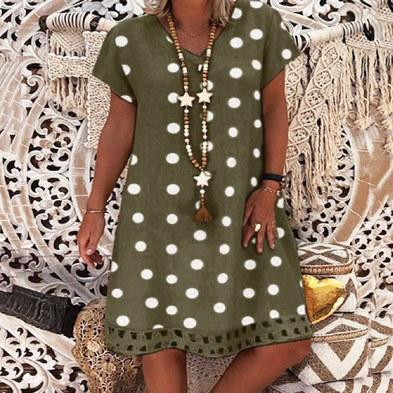 Faionable Polka Dot Print ort Sve V-Ne Midi Dr Dames Lente Zomer Nieuwe collectie Polyestervezel Princ Sle