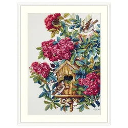 Amishop Gold Collection Counted Cross Stitch Kit Bird House Nest In The Roses Bush Flowers Merejka K-150
