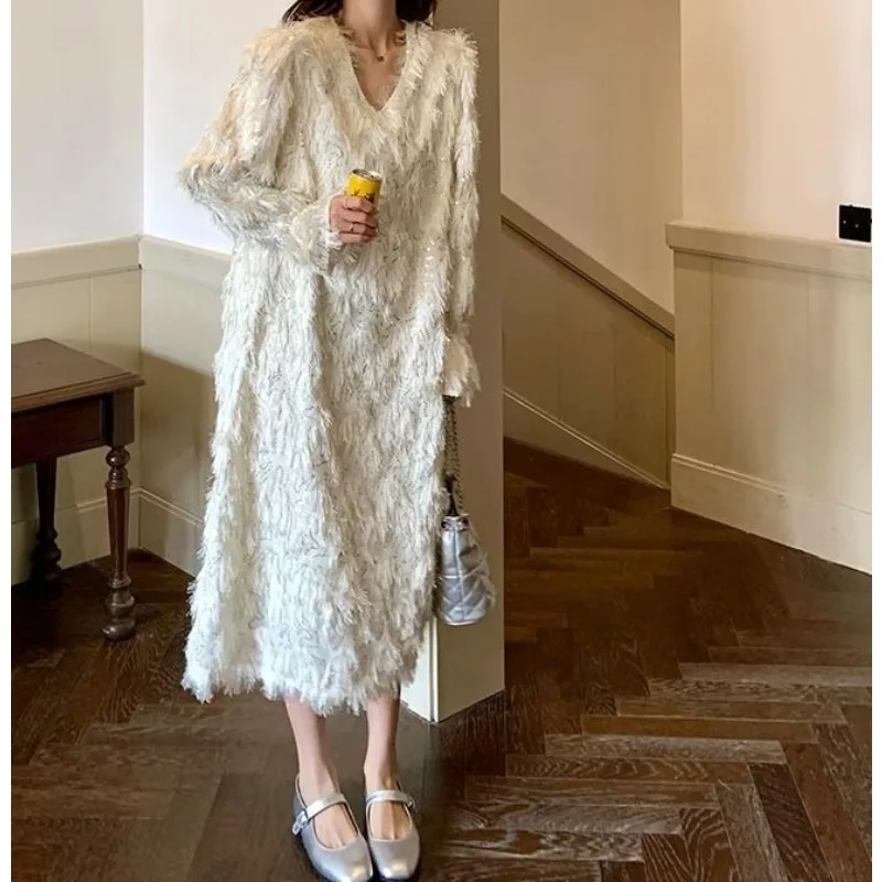 Tassel Design Dress Femininity Long Sleeves Autumn and Winter New French Loose Age Reduction Sequins Gentle Wind Long Dress