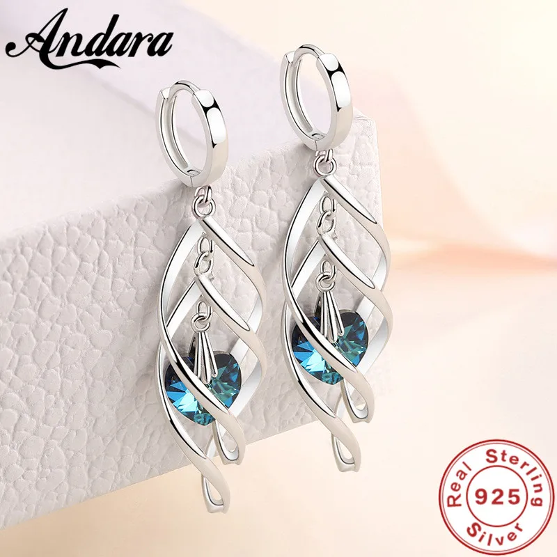 925 Sterling Silver Long Earrings Blue Crystal Love Earrings For Women'S Wedding Charm Jewelry Gifts