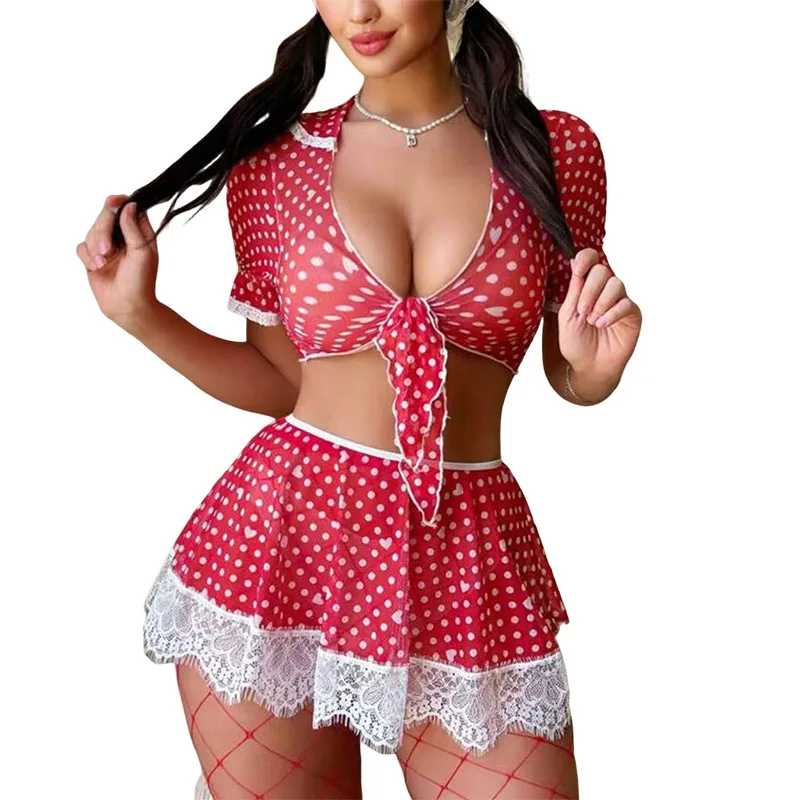 

Full Size Pink Lace Polka Dot Sleepwear Set Women's Playful Lingerie Set Adjustable Chest-Tie Lingerie Cosplay Sexy Outfit