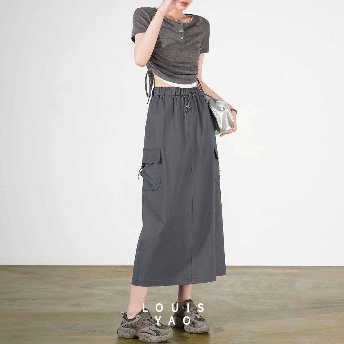 LOUISYAO Workwear Style Midi Skirt 2025 Summer Women Pocket Decor Elastic Waist High Waist Side Slit Long Skirt