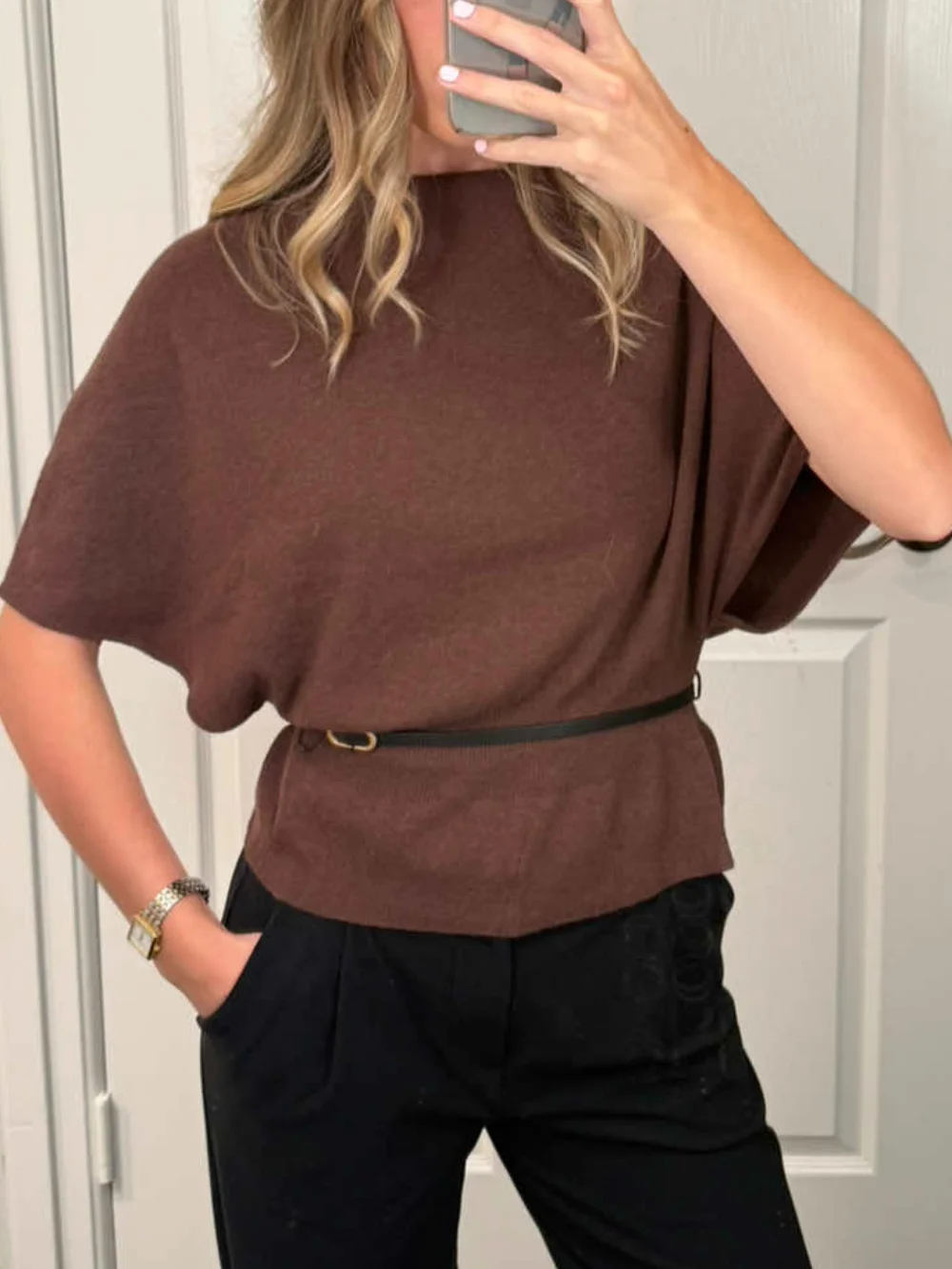 Vintage Chic Brown Knit Tops O Neck Short Sleeve Belt Loose Tops Women Fashion 2025 Autumn Casual Office Lady Tops - Detail 1