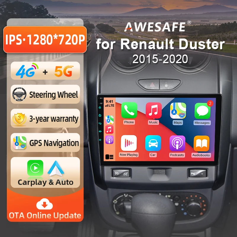 Autoradio Android AWESAFE 9 pouces pour Renault Duster 2015-2020, CarPlay et Android Auto sans fil, navigation GPS, support multimédia, commande au volant, amplificateur de subwoofer, caméra arrière avec CAN-BUS, prise EU, Plug and Play, autoradio numérique DAB+, autoradio 2 DIN, stéréo RDS