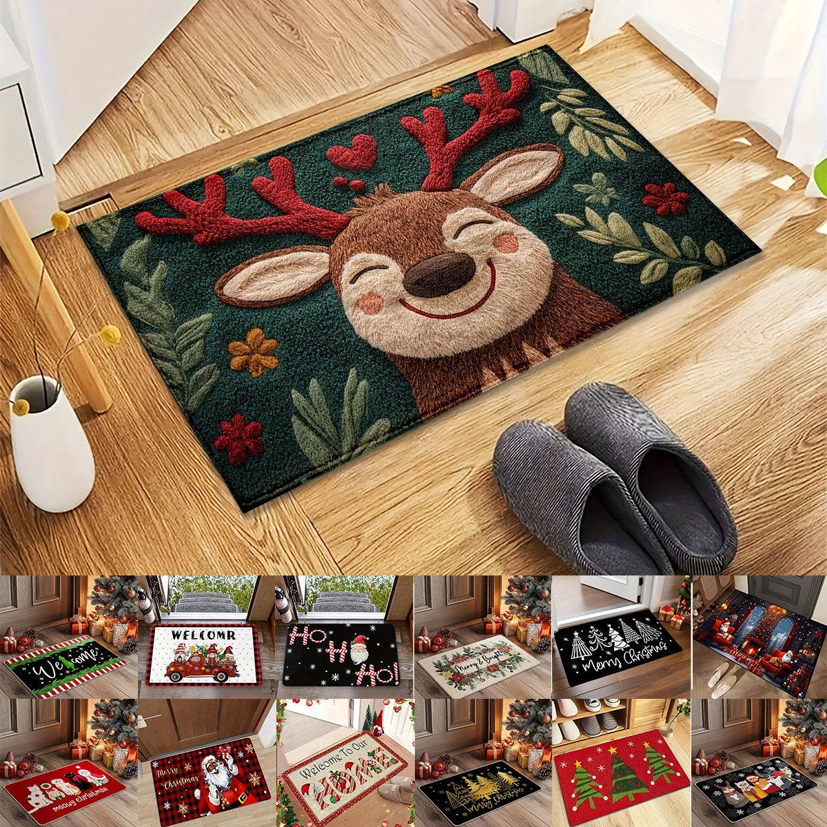 

1PC Christmas Pattern Welcome Door Mat Non-Slip Entrance Rug for Living Room Bedroom Kitchen Laundry Indoor Outdoor Mat 반원형 카펫
