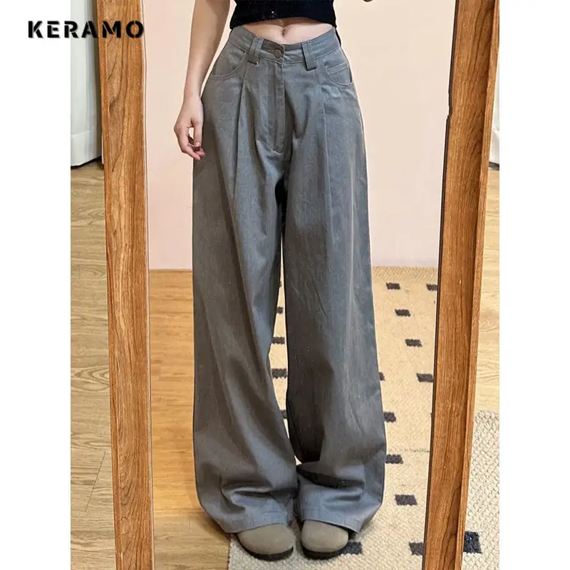 

England Retro Wide Leg Baggy Casual Denim Trouser Women Harajuku Solid Color Loose Jeans 2024 Summer Fashion High Waist Pants