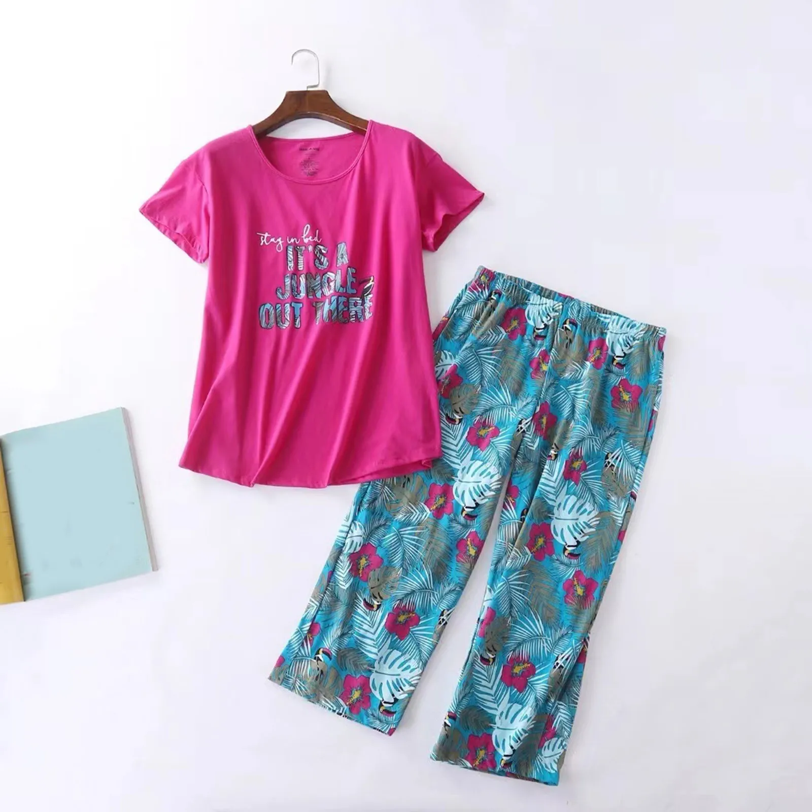 Homewear Short Sleeve 2 Piece Pajamas Suit 2024 Summer Women Loose Casual Cute Cartton Print T-Shirt+Baggy Wide Leg Pants Sets